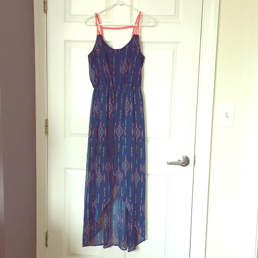 Blue Aztec print high low sleeveless dress
